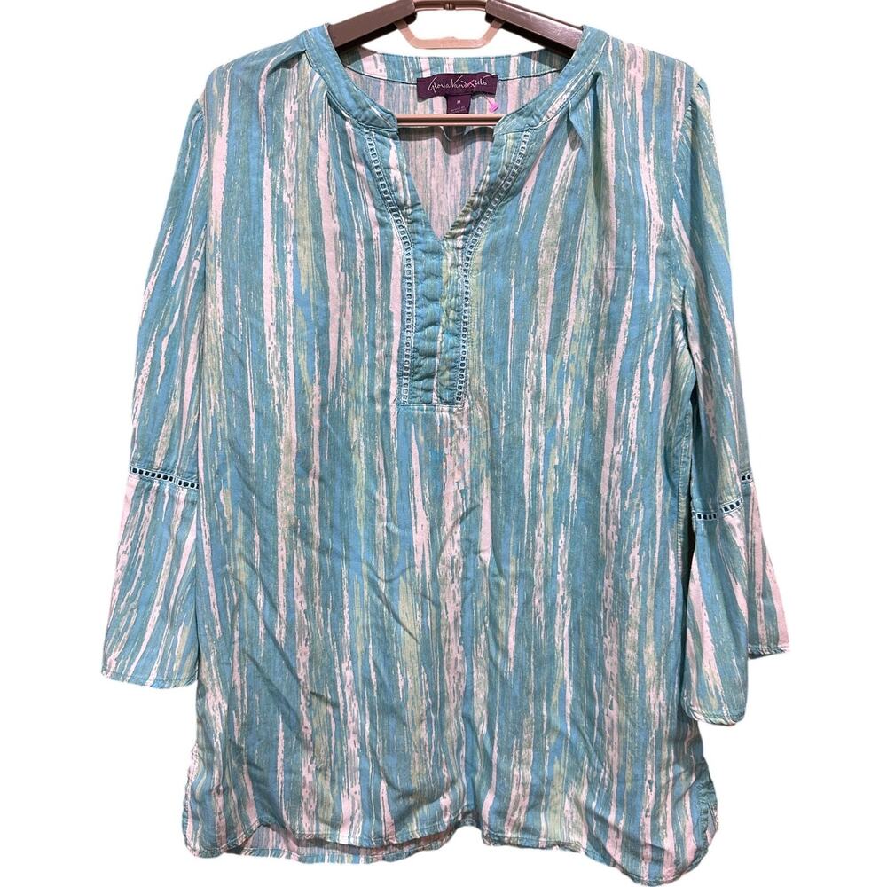 Gloria Vanderbilt Tunic Top Size M Blue Green White Bell Sleeves Boho Hippie